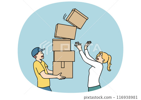 Man courier carries stack of boxes and drops one of parcels standing near woman recipient of order Man courier carries stack of boxes and drops one of parcels standing near woman recipient of order 116938981