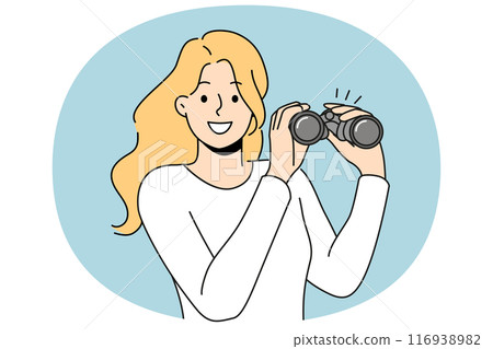 Woman with binoculars smiles and looks into camera, showing eagerness to learn new facts Woman with binoculars smiles and looks into camera, showing eagerness to learn new facts 116938982