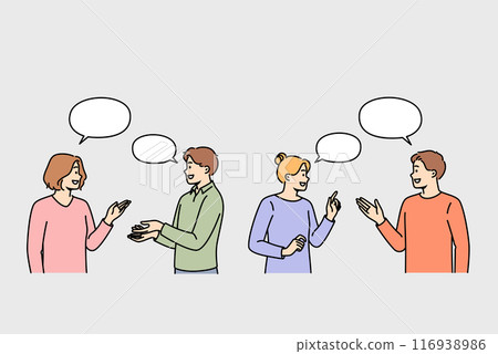 People discussion interesting questions, talking and sharing thoughts, stand under dialogue bubbles 116938986
