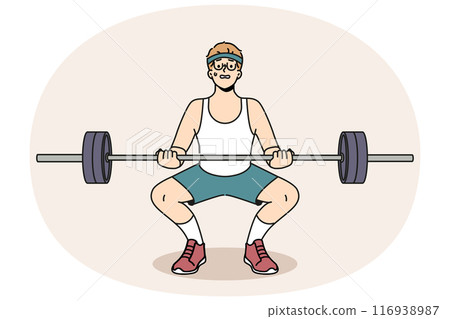 Man with barbell goes in for sports in gym, wanting to have beautiful figure and healthy body 116938987