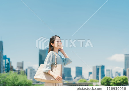 藍天和建築背景下的女商人 116939036