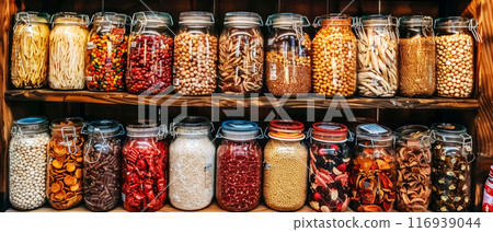 Variety of Package-Free Groceries in Glass Jars on Pantry Shelf, Sustainable Shopping Concept 116939044