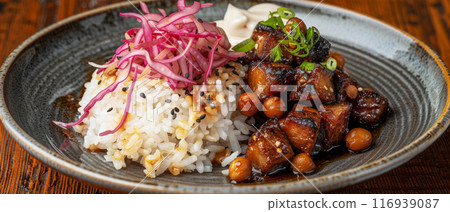 Gourmet Asian-Inspired Rice Bowl with Marinated Pork and Pickled Vegetables - Healthy Cuisine 116939087