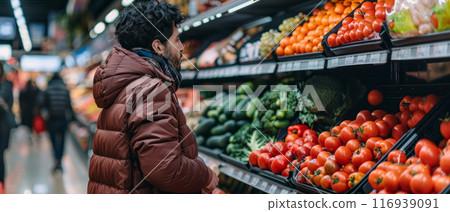 Man choosing fresh vegetables in a supermarket, focusing on healthy eating and lifestyle 116939091