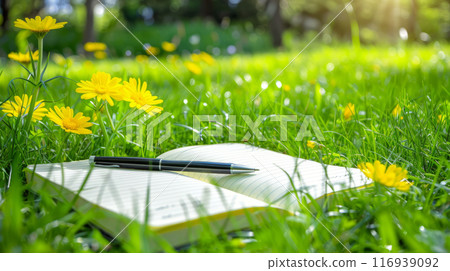 Open notebook with pen lying on grass among yellow flowers, symbolizes goal setting, planning, learning and self-reflection 116939092