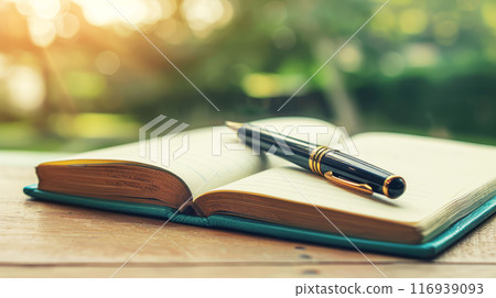 Open Journal with Pen on Wooden Table in Sunlit Outdoor Setting 116939093