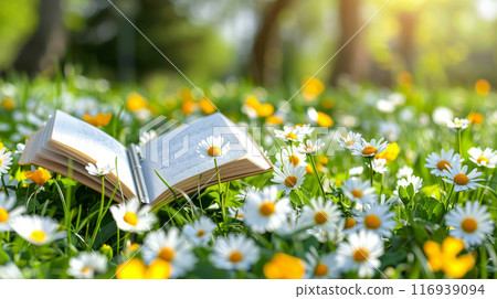 Open book lying in a field of flowers under sunlight, symbolizes the beginning of learning and reading 116939094