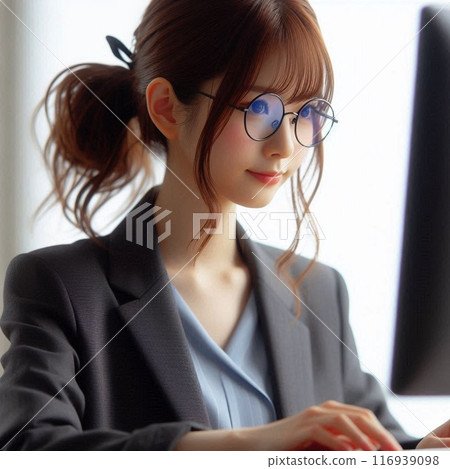 戴眼鏡的女商人在辦公室操作電腦 116939098