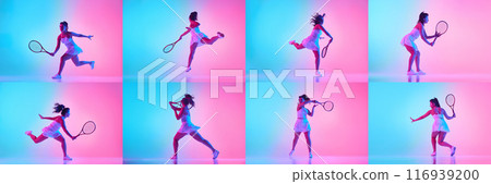 Collage made of dynamic photos of tennis athlete training serving and hitting ball in neon light against vibrant colorful background. Collage made of dynamic photos of tennis athlete training serving and hitting ball in neon light against vibrant colorful background. 116939200