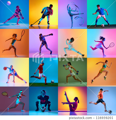 Dynamic collage of athletes in action across various sports training in neon light against vibrant colorful background. Dynamic collage of athletes in action across various sports training in neon light against vibrant colorful background. 116939201