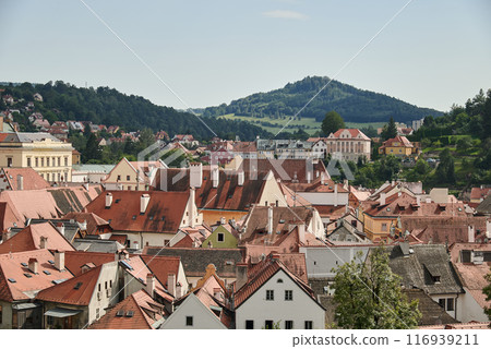 Cityscape of historic centre of Cesky Krumlov, popular tourist destination in south Bohemia region of Czech Republic 116939211