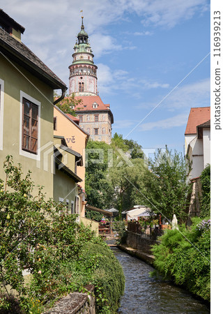 Cityscape of historic centre of Cesky Krumlov, popular tourist destination in south Bohemia region of Czech Republic 116939213