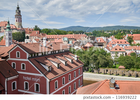 Cityscape of historic centre of Cesky Krumlov, popular tourist destination in south Bohemia region of Czech Republic Cityscape of historic centre of Cesky Krumlov, popular tourist destination in south Bohemia region of Czech Republic 116939222