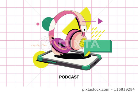 Headphones, a phone with a text block and sleep bauble in the style of the 90s. Compositions in the style of flat with geometric colored elements 116939294
