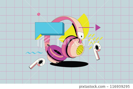 Sound recording of the program. Set of podcast elements vector. Headphones in the style of the 90s on the background. in the style of a flat with geometric elements. Isolated objects. 116939295