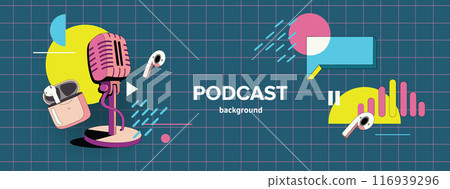 Set of vector elements of podcast. Sound recording of the program. Microphone and headphones in the style of the 90s. Compositions in the style of flat with geometric elements. Isolated objects 116939296
