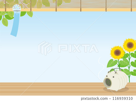Summer-inspired wind chimes, sunflowers and mosquito coils background_horizontal 116939310