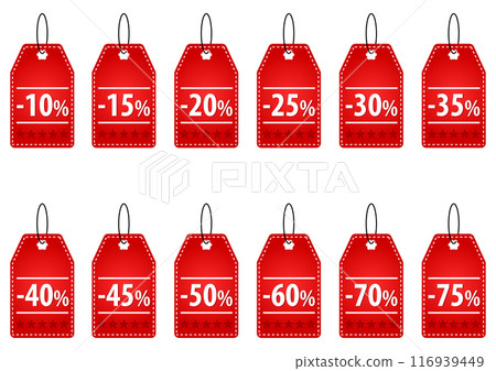 Collection of red price tags, shopping discount label, retail paper sticker, promotional sale icon with different discount percentages, label, sale, business, collection, red, marketing, advertising, Collection of red price tags, shopping discount label, retail paper sticker, promotional sale icon with different discount percentages, label, sale, business, collection, red, marketing, advertising, 116939449