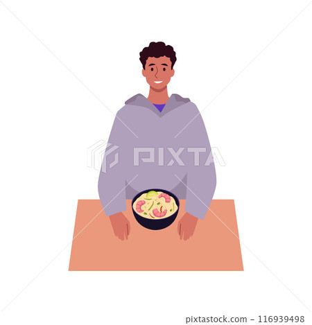 Vector drawing a young guy enjoying a dish of spicy Asian noodles garnished with shrimp 116939498