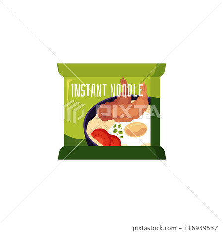 Pack bag of an instant noodles vector icon, Chinese pasta with shrimps, vegetables slices, egg spices, Asian Fast food 116939537