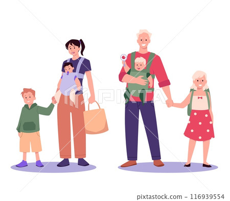 Vector set two families: a father, mother with children in a sling and teenage children 116939554