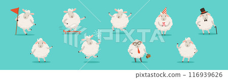 Wooly White Sheep Character Engaged in Different Activity Vector Set 116939626