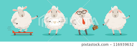 Wooly White Sheep Character Engaged in Different Activity Vector Set 116939632