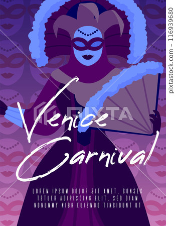 Venice carnival character on invitation poster vector flat design, beautiful woman in medieval dress and mask, hand fan Venice carnival character on invitation poster vector flat design, beautiful woman in medieval dress and mask, hand fan 116939680