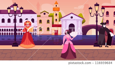 Medieval town street with Venice carnival characters, vector people in masquerade costume and mask, Venetian festival Medieval town street with Venice carnival characters, vector people in masquerade costume and mask, Venetian festival 116939684