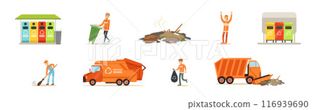 Janitor Worker and Street Dump Truck Pick Garbage and Litter Vector Set Janitor Worker and Street Dump Truck Pick Garbage and Litter Vector Set 116939690