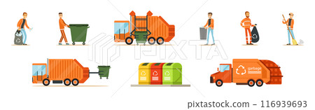 Janitor Worker and Street Dump Truck Pick Garbage and Litter Vector Set Janitor Worker and Street Dump Truck Pick Garbage and Litter Vector Set 116939693