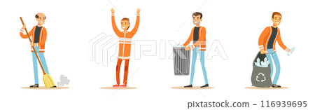 Man Janitor and Garbage Collector Cleaning Street Vector Set Man Janitor and Garbage Collector Cleaning Street Vector Set 116939695