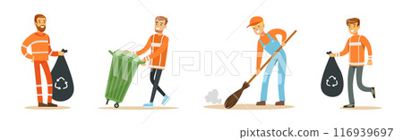 Man Janitor and Garbage Collector Cleaning Street Vector Set 116939697