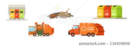 Street Dump Truck Pick Garbage and Litter Vector Set Street Dump Truck Pick Garbage and Litter Vector Set 116939698