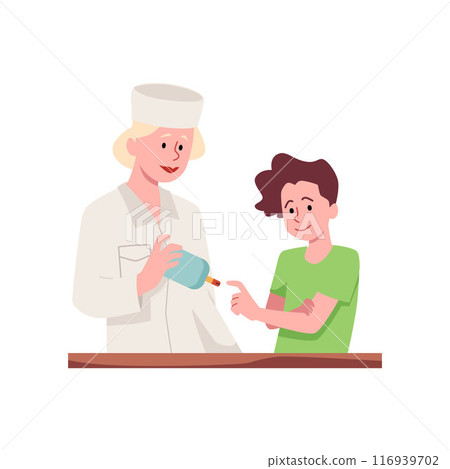 Vector illustration a doctor measures the glucose level of a boy patient with a device Vector illustration a doctor measures the glucose level of a boy patient with a device 116939702