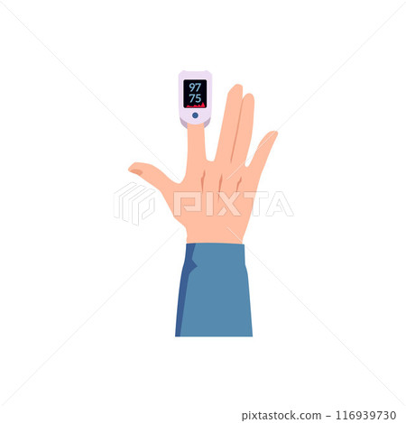 A patient with diabetes mellitus checks his blood sugar level using a device on his finger 116939730