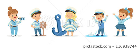 Little Children Sailor in Striped Shirt and Cap Vector Set 116939744