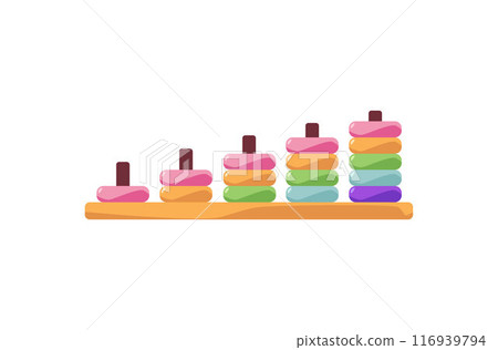 Vector illustration of a Montessori wooden puzzle toy: pyramids with round colored details 116939794