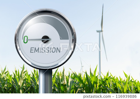 Gauge with inscription EMISSION on a background of renewable energy sources. Arrow points to zero. Concept of green energy Gauge with inscription EMISSION on a background of renewable energy sources. Arrow points to zero. Concept of green energy 116939886