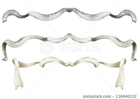 Watercolor ribbon illustration with a vintage flair. Adding a touch of elegance to your Christmas decorations. Royal style tape with a wavy design. Hand-drawn, curly ribbon graphic in various colors. Watercolor ribbon illustration with a vintage flair. Adding a touch of elegance to your Christmas decorations. Royal style tape with a wavy design. Hand-drawn, curly ribbon graphic in various colors. 116940222