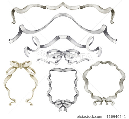 Watercolor frame ribbon bow Victorian style. Christmas and wedding decoration for cards, invitations. Elegant symmetrical wavy ribbons in vintage style. Watercolor frame ribbon bow Victorian style. Christmas and wedding decoration for cards, invitations. Elegant symmetrical wavy ribbons in vintage style. 116940241