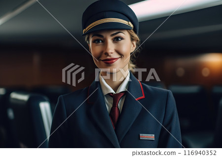 Friendly Girl Stewardess Looking Into Camera On Board Of International Flight 116940352