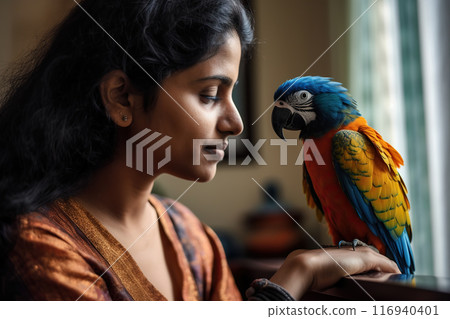 Girl Interacts With Their Vibrant Parrot At Home 116940401