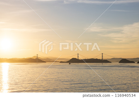Sunset view of the Seto Inland Sea and Kurushima Straits from the sea Sunset view of the Seto Inland Sea and Kurushima Straits from the sea 116940534