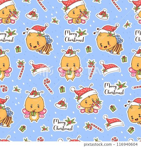 Seamless pattern with Christmas butterfly and bee in Santa hat. Holiday cartoon kawaii insect on blue background with holly and striped candy. Vector illustration. New Year backdrop. 116940604