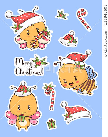 Christmas stickers collection. Festive cute butterfly and bee in Santa hat with gift and striped candy with holly. Isolated funny cartoon insect kawaii character. Vector illustration. Kids collection. Christmas stickers collection. Festive cute butterfly and bee in Santa hat with gift and striped candy with holly. Isolated funny cartoon insect kawaii character. Vector illustration. Kids collection. 116940605