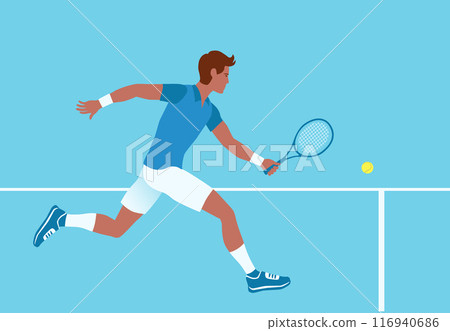 Man hits the ball on tennis court with racket in hand. 116940686