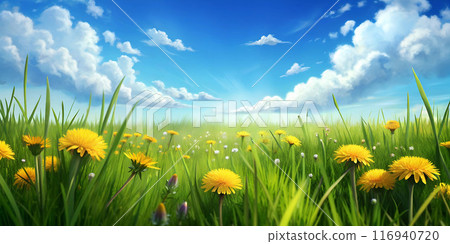 Green field of bright yellow dandelions under a blue sky. 116940720