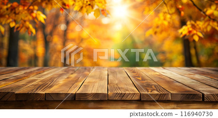 Wooden tabletop against the background of an autumn forest, blurred background with copy space 116940730