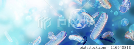 3D probiotic medical background, microbiology microbiota bacillus blue banner microflora render.  116940818